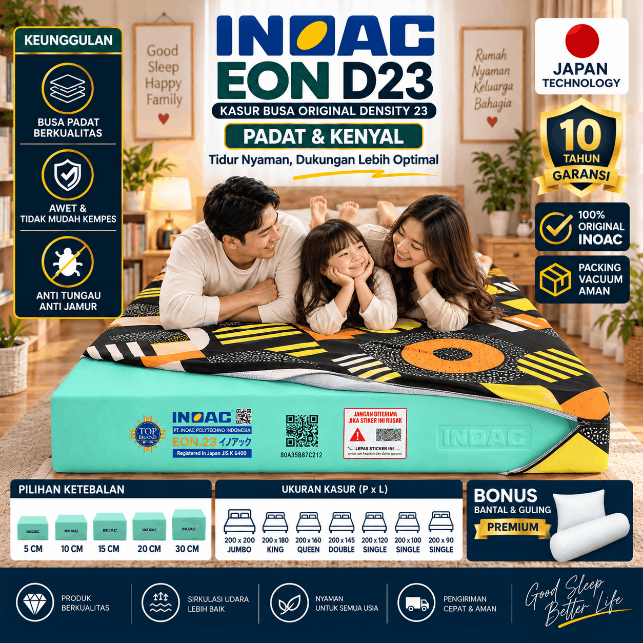Kasur Busa INOAC EON D23 Original Density 23 Firm Padat Kenyal Garansi 10 Tahun Semua Ukuran