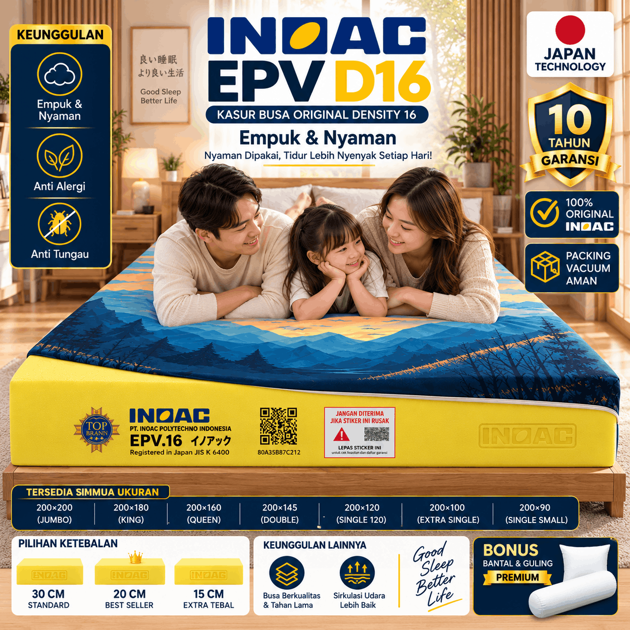 Kasur Busa INOAC EPV D16 Original Density 16 Empuk Garansi 10 Tahun Semua Ukuran