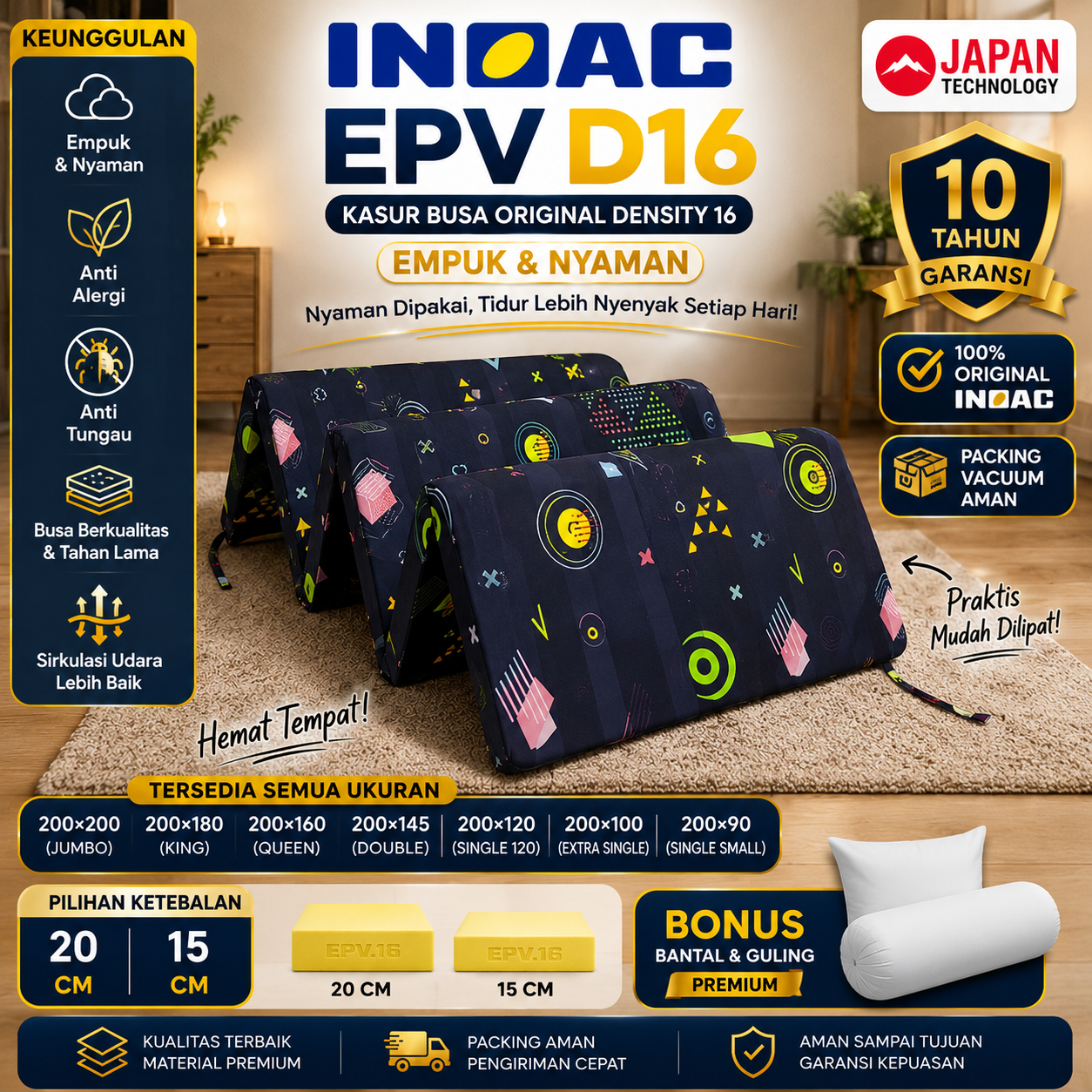 Kasur Busa Lipat INOAC EPV D16 Original Density 16 Empuk Garansi 10 Tahun Semua Ukuran
